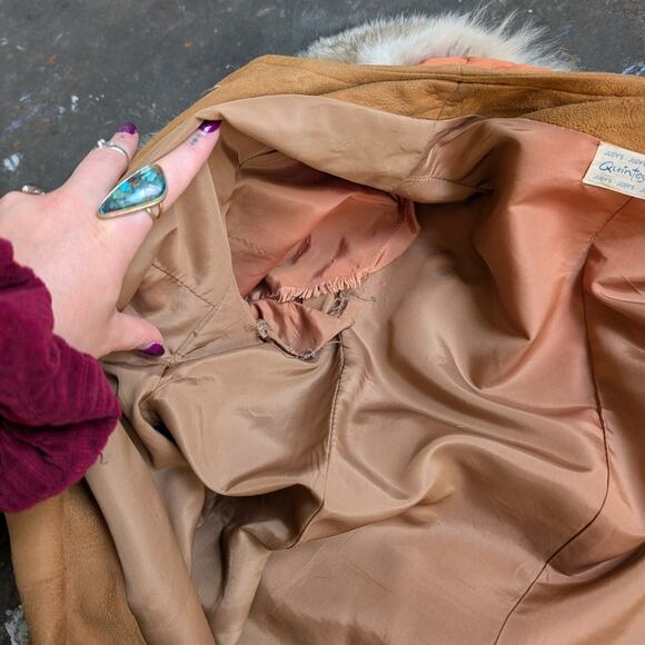 Vintage Brown Suede Fur Trim Penny Lane Jacket Furry Leather Trench Coat Medium - Picture 15 of 16